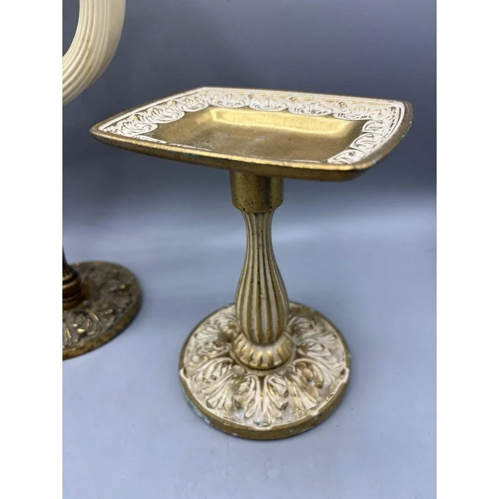 Vtg Brass Double Towel Ring Holder Soap Dish Pedestal‎ Stand Hollywood Regency